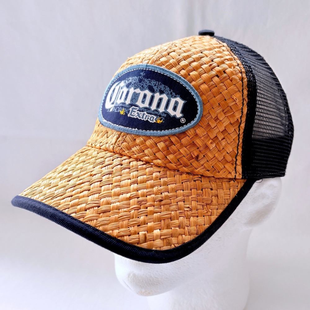 Corona Extra‎ Trucker Hat Tan Navy Straw Mesh Snapback Logo Beer Cap
